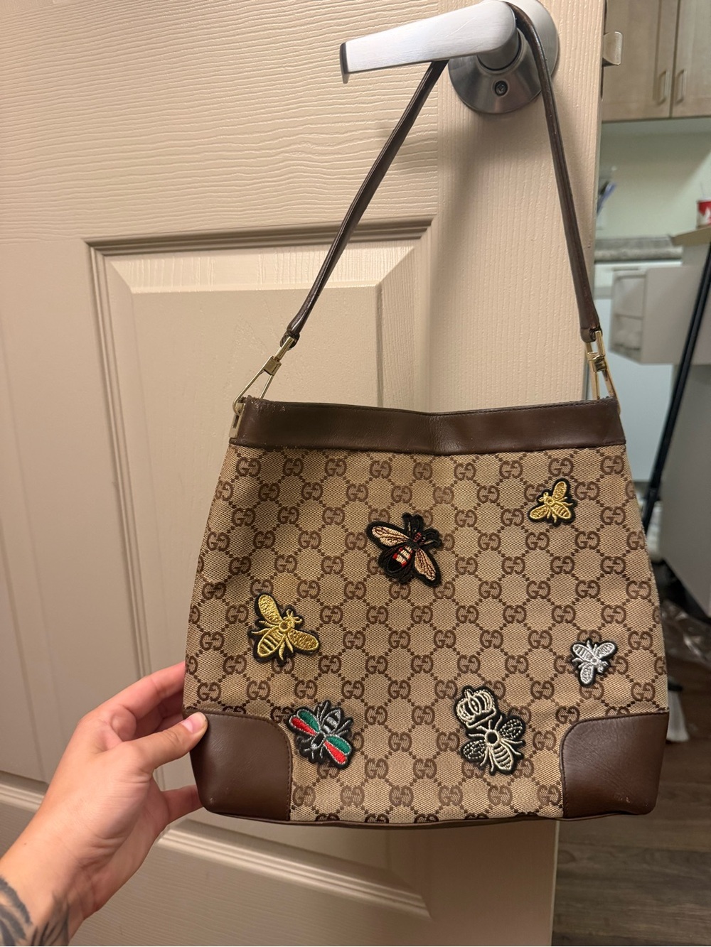 Gucci Brown Monogram Shoulder Bag with Bee patches